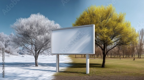 Blank Billboard in Split Season Landscape, Representing Environmental Awareness and Sustainable Advertising Campaigns for All Seasons : Generative AI