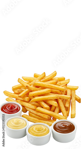 Isolated French Fries with Ketchup Mustard in Bowls on Transparent