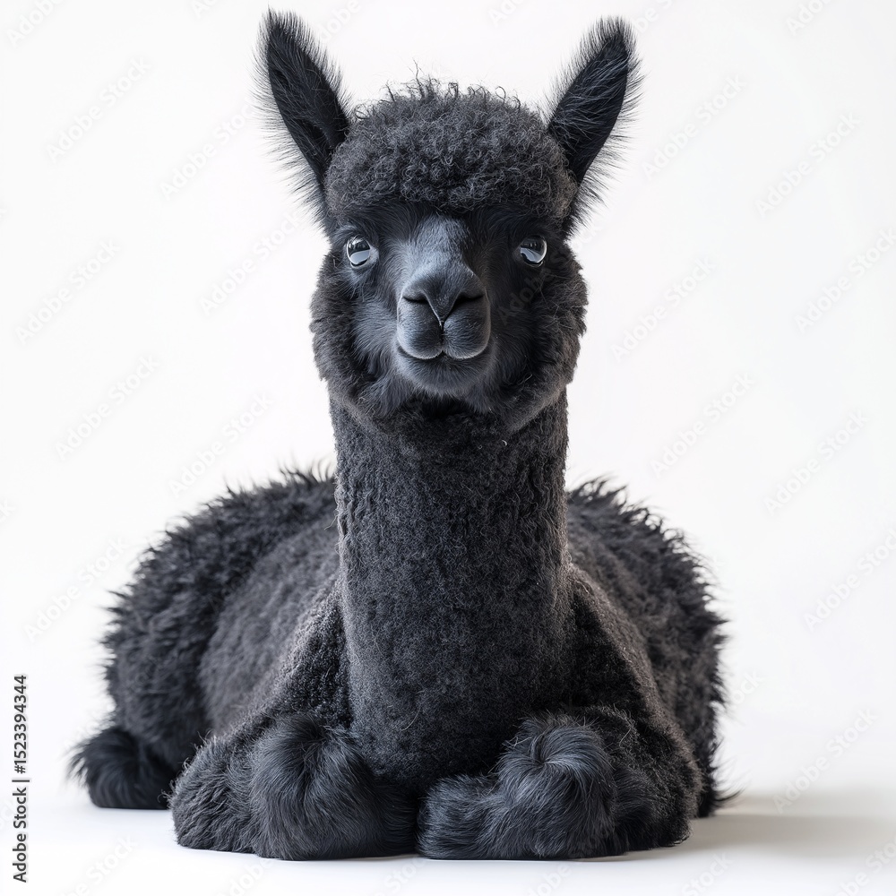 Obraz premium Adorable Black Alpaca With Fluffy Fur. A Cute and Calm Pet Portrait in Rural Farmhouse Setting