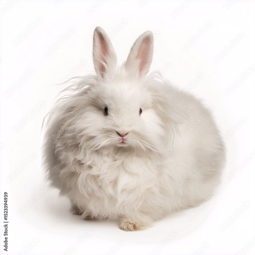 Obraz premium Fluffy White Cute Domestic Bunny. Adorable Animal Portrait with Long Ears and Furry Whiskers. Pet Photography