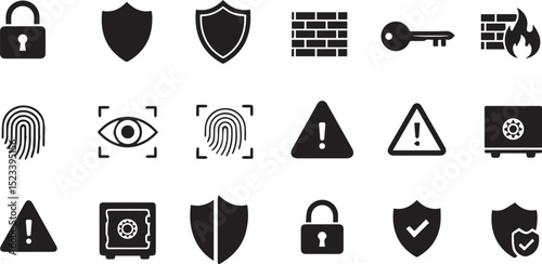 Security — lock, shield, firewall, key, fingerprint, eye scan, safe, alert symbol, padlock, antivirus. black and white file format eps
