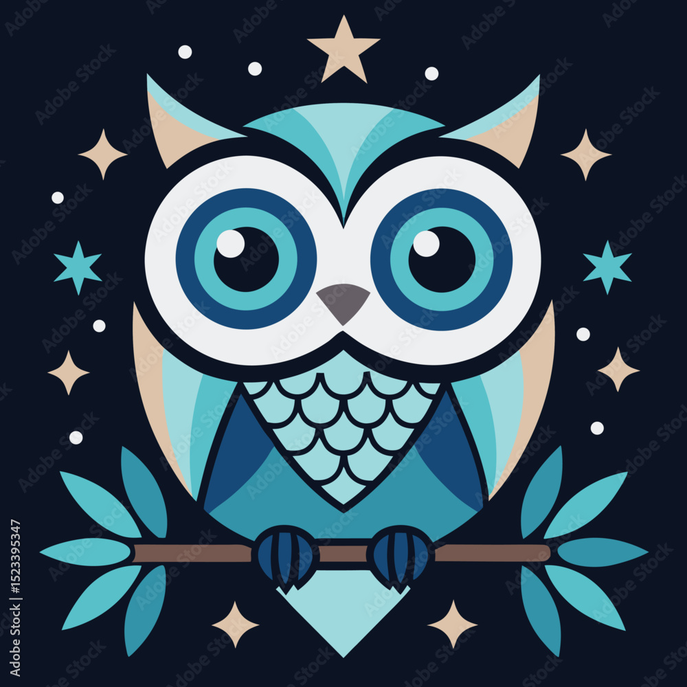 Fototapeta premium charming-cartoon-owl-sitting-on-a-branch--covered- (1).eps