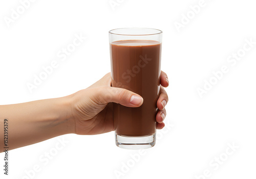 Isolated Hand Holding Glass of Chocolate Milk on Transparent Background