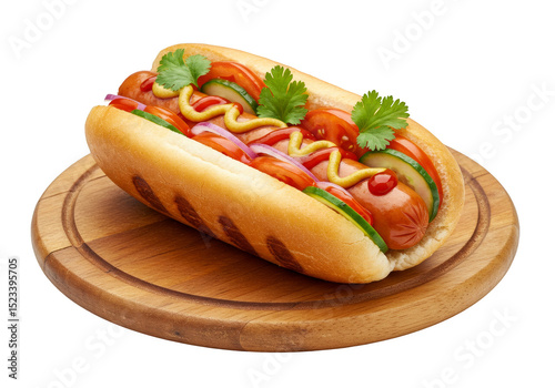 Isolated Hotdog Sandwich with Ketchup Mustard and Vegetables on Board