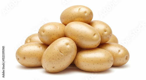 A stack of ten round, light brown potatoes. They feature dark spots, varied textures, and distinct shapes, all in fine detail against a pure white background. vector