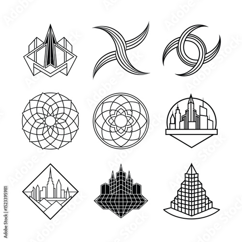 Geometric Cityscapes Abstract Line Art Designs for Urban Logos and Branding