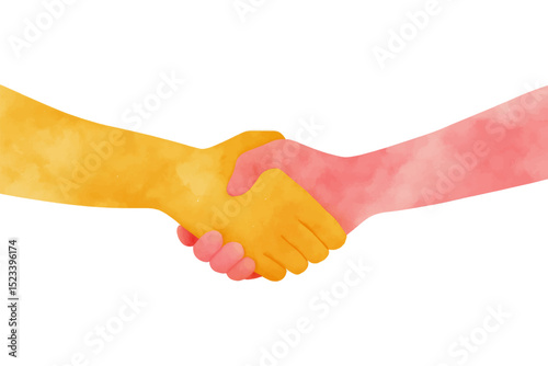 Watercolor illustration of a yellow and a pink hand shaking, isolated on white