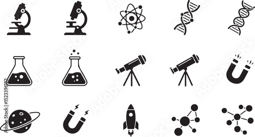 Science — microscope, atom, DNA, beaker, test tube, telescope, planet, magnet, rocket, molecule.  black and white file format eps

