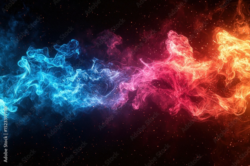 Fototapeta premium Abstract fiery blue and red smoke swirls on dark background
