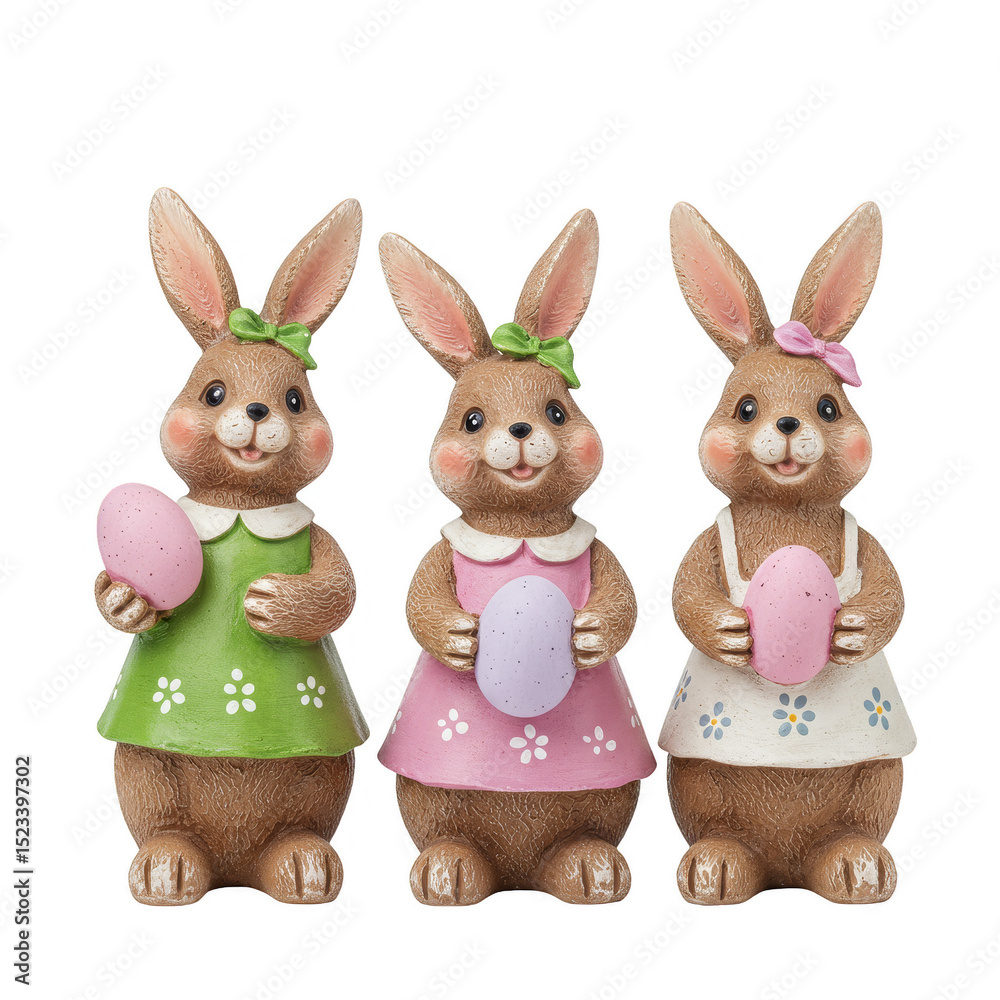 Fototapeta premium Isolated Image of Three Easter Bunny Figurines with Eggs Decorations