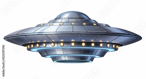 A metal flying saucer hovering in the sky in a disc-shaped shape. It features a domed top, blue/silver reflections, warm center lights, and a cool blue glow, all in fine detail. vector