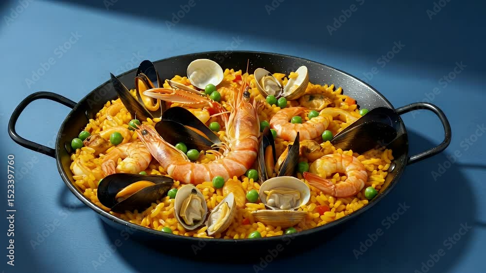 Seafood paella rotating on blue surface