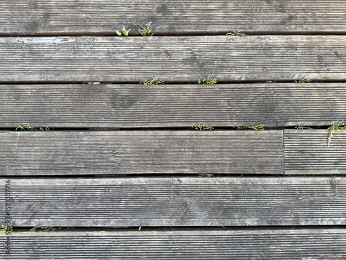 Top view of aged grooved wooden floorboards with visible grain and screws. Natural wood texture for background or design use.