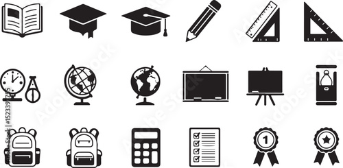 Education — book, graduation cap, pencil, ruler, globe, blackboard, backpack, calculator, test sheet, medal. black and white file format eps
