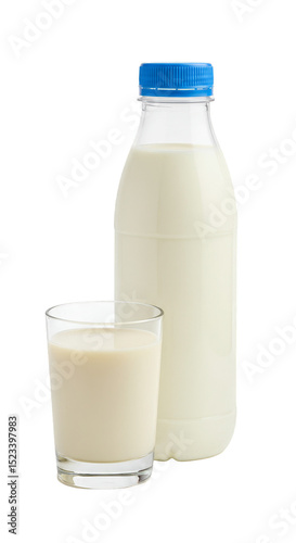 Isolated Milk Glass and Bottle Fresh Drink Beverage with Blue Cap