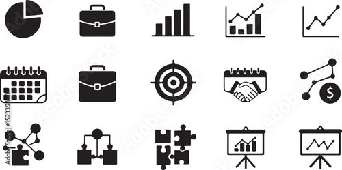 Business & analytics — pie chart, bar graph, line chart, briefcase, handshake, target, calendar, stats, strategy, presentation board. black and white file format eps
