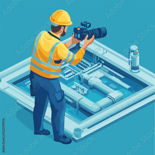 Engineer use Sewer Pipe inspection camera Tools Wastewater constraction site concept isometic isolated illustration, vector style simple color