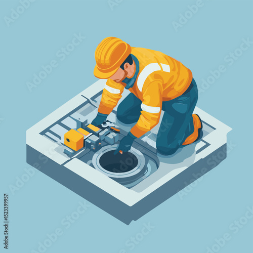 Engineer use Sewer Pipe inspection camera Tools Wastewater constraction site concept isometic isolated illustration, vector style simple color