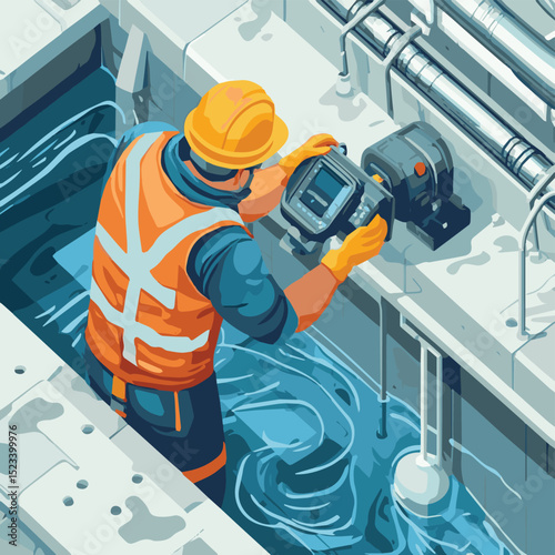 Engineer use Sewer Pipe inspection camera Tools Wastewater constraction site concept isometic isolated illustration, vector style simple color