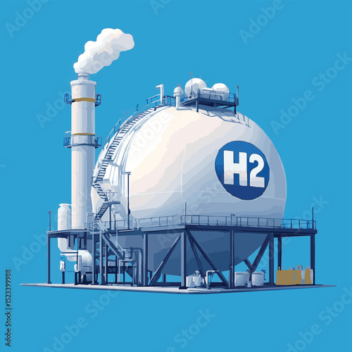 Isometric illustration of a spherical hydrogen storage tank with support structures and labeled H2 symbol used for clean energy and industrial applications