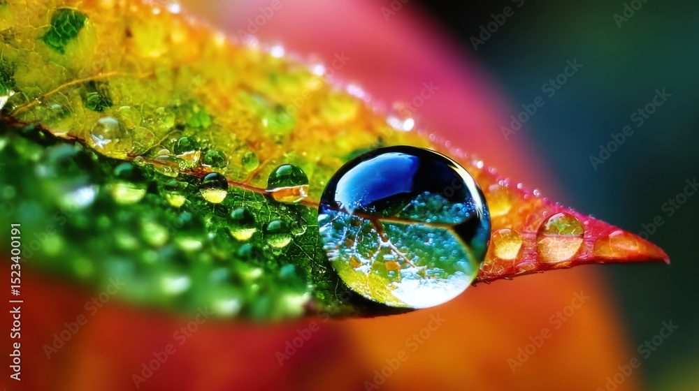 Naklejka premium Water Droplets on Colorful Leaf Reflecting Nature's Beauty, Symbolizing Freshness and Environmental Awareness for Sustainable Living Campaigns : Generative AI