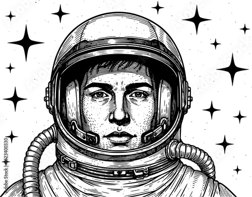 Portrait of astronaut in spacesuit. B/W vector sketch. JPEG version.