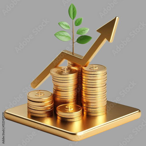 money tree growing from stacked shiny golden coins isolated. 