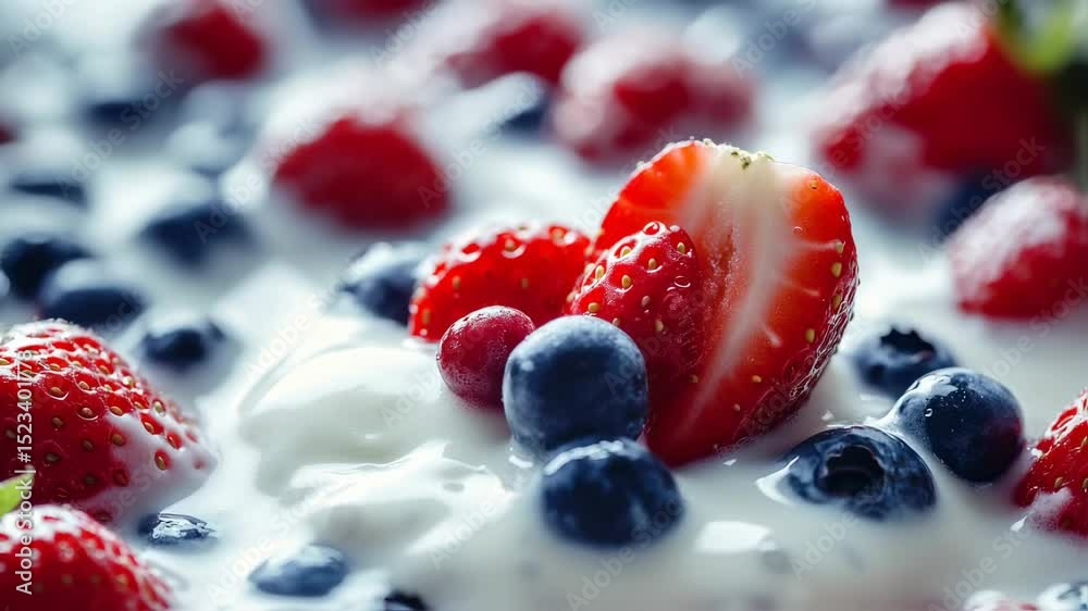 A captivating close-up showcasing the vibrant beauty of fresh strawberries and blueberries immersed in creamy yogurt, creating refreshing visuals