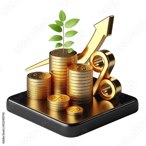 money tree growing from stacked shiny golden coins isolated on white background.