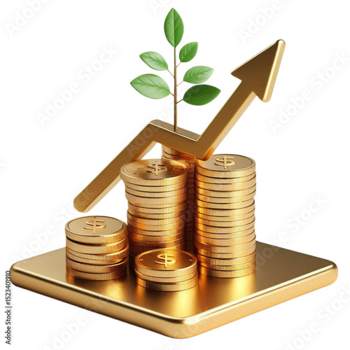 money tree growing from stacked shiny golden coins isolated on white background.