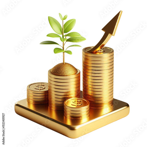 money tree growing from stacked shiny golden coins isolated on white background.