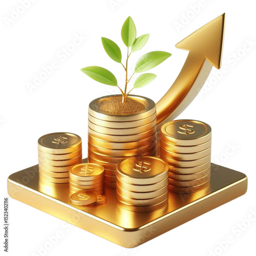 money tree growing from stacked shiny golden coins isolated on white background.