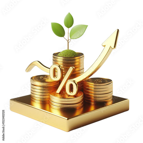 money tree growing from stacked shiny golden coins isolated on white background.
