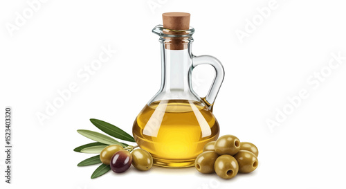 A clear glass jug with a golden yellow liquid and a cork stopper. The image shows green/yellowish olives and an olive branch on a pure white background. vector