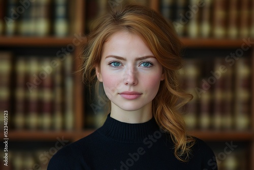 Professional Female Lawyer Headshot in Intellectual Library Setting. Portrait of Young Woman with Brunette Hair and Serious Expression