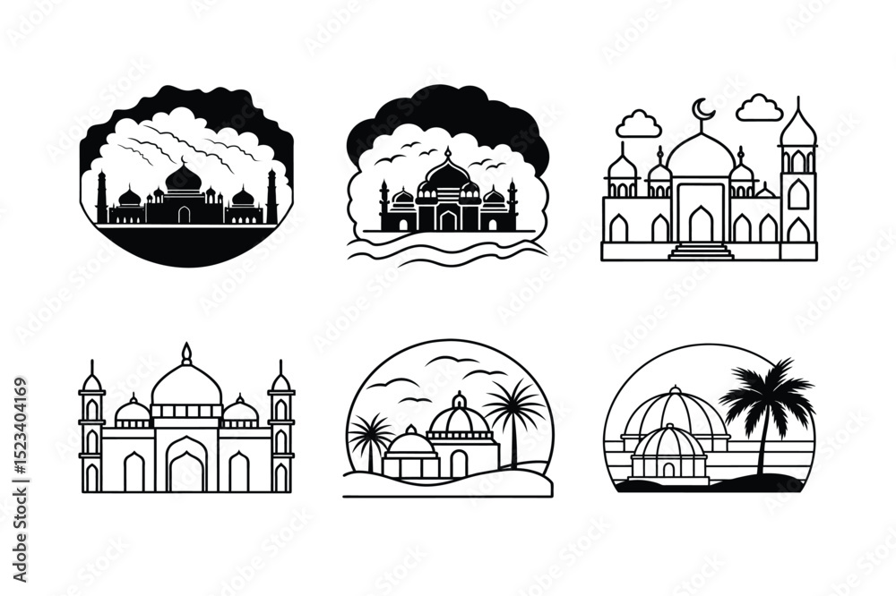 Fototapeta premium Mosque Icons Elegant Black and White Illustrations of Islamic Architecture