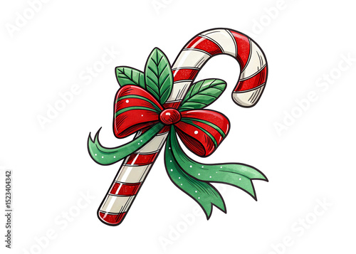 Christmas candy cane. Festive christmas candy cane PNG decorated with ribbon and leaves isolated on a transparent background.