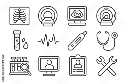Medical equipment icons: mri, x-ray, ultrasound, stethoscope, thermometer symbols