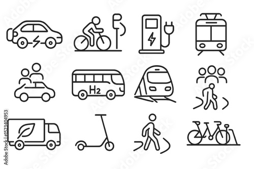 Sustainable transportation icons: electric, hydrogen, bike, scooter, walking, transit