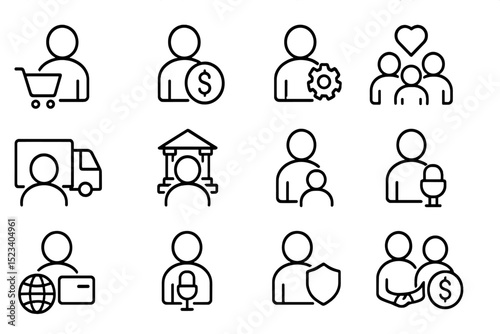 Simple black icons for business and social media on dark background