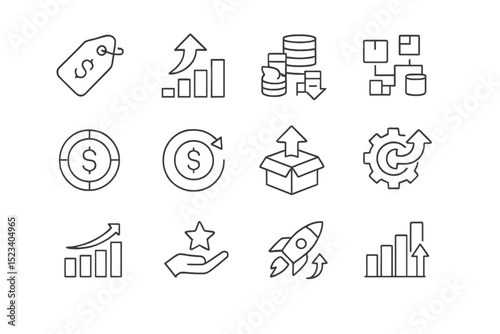 Economic growth icons featuring graphs, coins, charts, and statistics