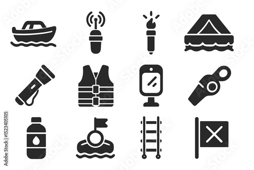 Collection of essential survival and safety equipment icons on dark background