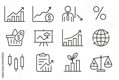 Business growth and decline icons with graphs and financial symbols
