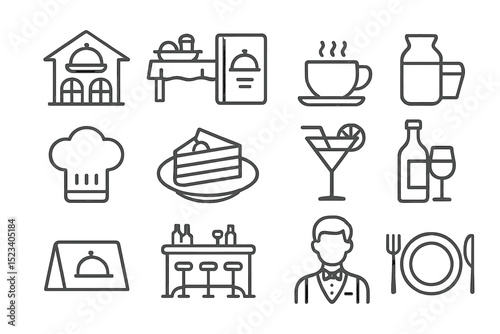 Restaurant icons: dining, drink, coffee, cake, chef, bar, menu, table, waiter