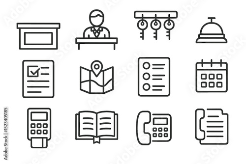 Hotel service icons: reception, bell, map, list, calendar, phone, document