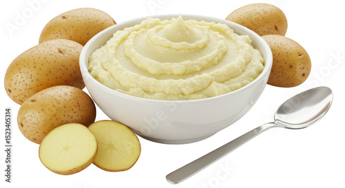 Isolated Transparent Background Image of Creamy Mashed Potatoes in Bowl