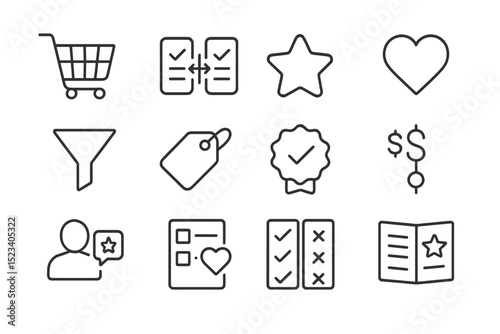 E-commerce icon set: cart, star, heart, filter, tag, profile, checklist