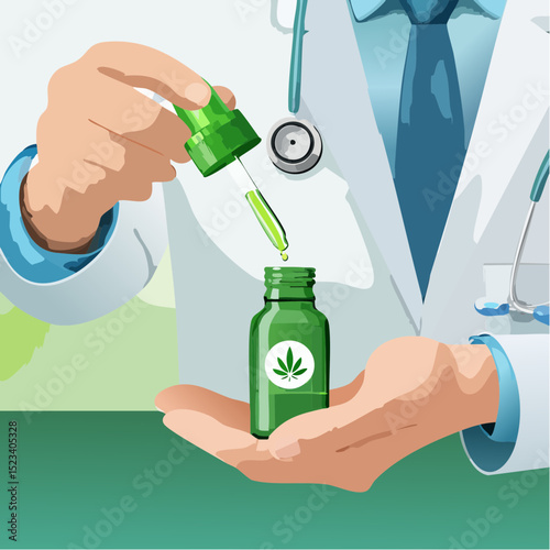 Medical professional in white coat is dispensing green liquid of CBD from dropper into a glass bottle with cannabis leaf logo, illustrating the process of herbal medicine preparation