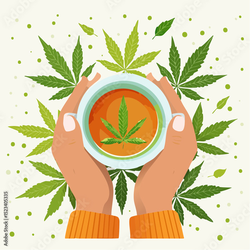 Hands holding a steaming cup of CBD-infused tea surrounded by green cannabis leaves, creating a calming atmosphere for relaxation and wellness
