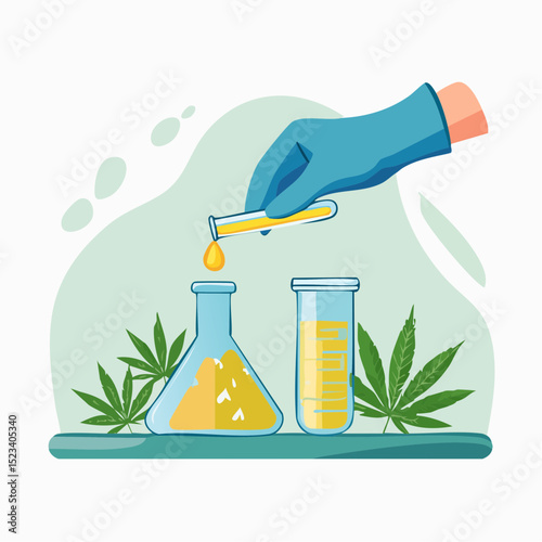 Hand in blue glove pouring liquid of CBD from test tube into flask, surrounded by green leaves cannabis, illustrating laboratory process and scientific experimentation in a vibrant setting